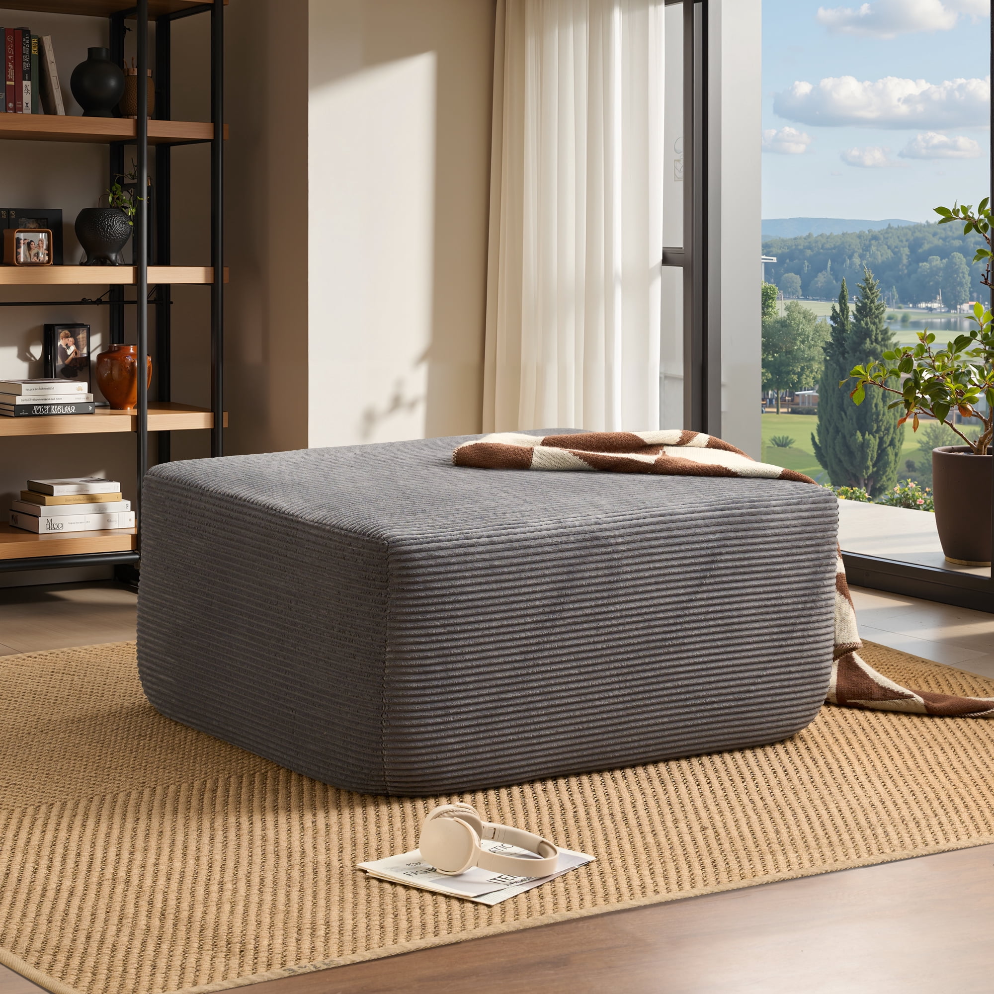 Ovios Oversized Ottoman Footrest for Sofa Large Corduroy Pouf Ottoman Coffee Table Rectangle Floor Bench Extra Seating for Living Room, No Assembly, Gray