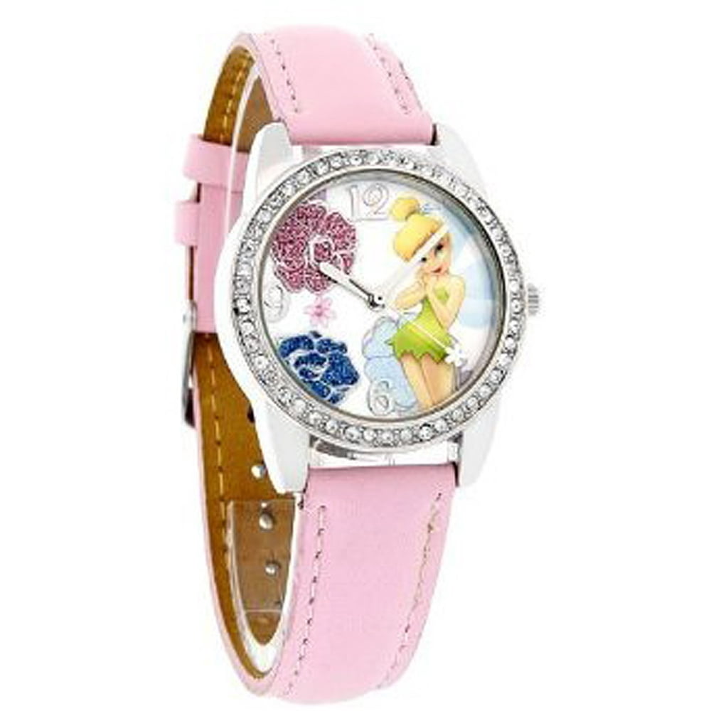 Disney Tinker Bell Floral Dial Face Faux Leather Band Ladies Watch