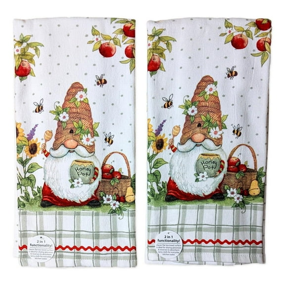 Set of 2 GARDEN BEE GNOME Honey Pot Terry Kitchen Towels by Kay Dee Designs