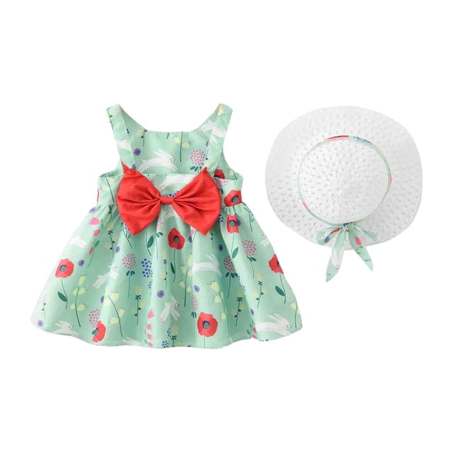 Robes Bébé Sans Manches Robe Tutu Bébé Filles Robes d'Été avec Chapeaux Deux Pièces Robe de Plage Fleur Fille 4-5 Ans