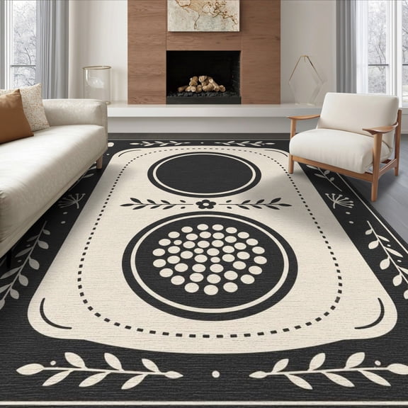 ODIKA 8'x10' Washable Area Rug Black Cream Geometric and Floral Design Elegance Rectangular Accent with Symmetrical for Living Room, Under Sectional, Family , Durable, Non-Slip