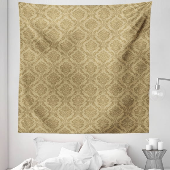 Damask Tapestry, Middle Inspired Symmetrical Shapes Floral Arrangement Soft Colors Print, Fabric Wall Hanging Decor for Bedroom Living Room Dorm, 5 Sizes, Khaki, by Ambesonne
