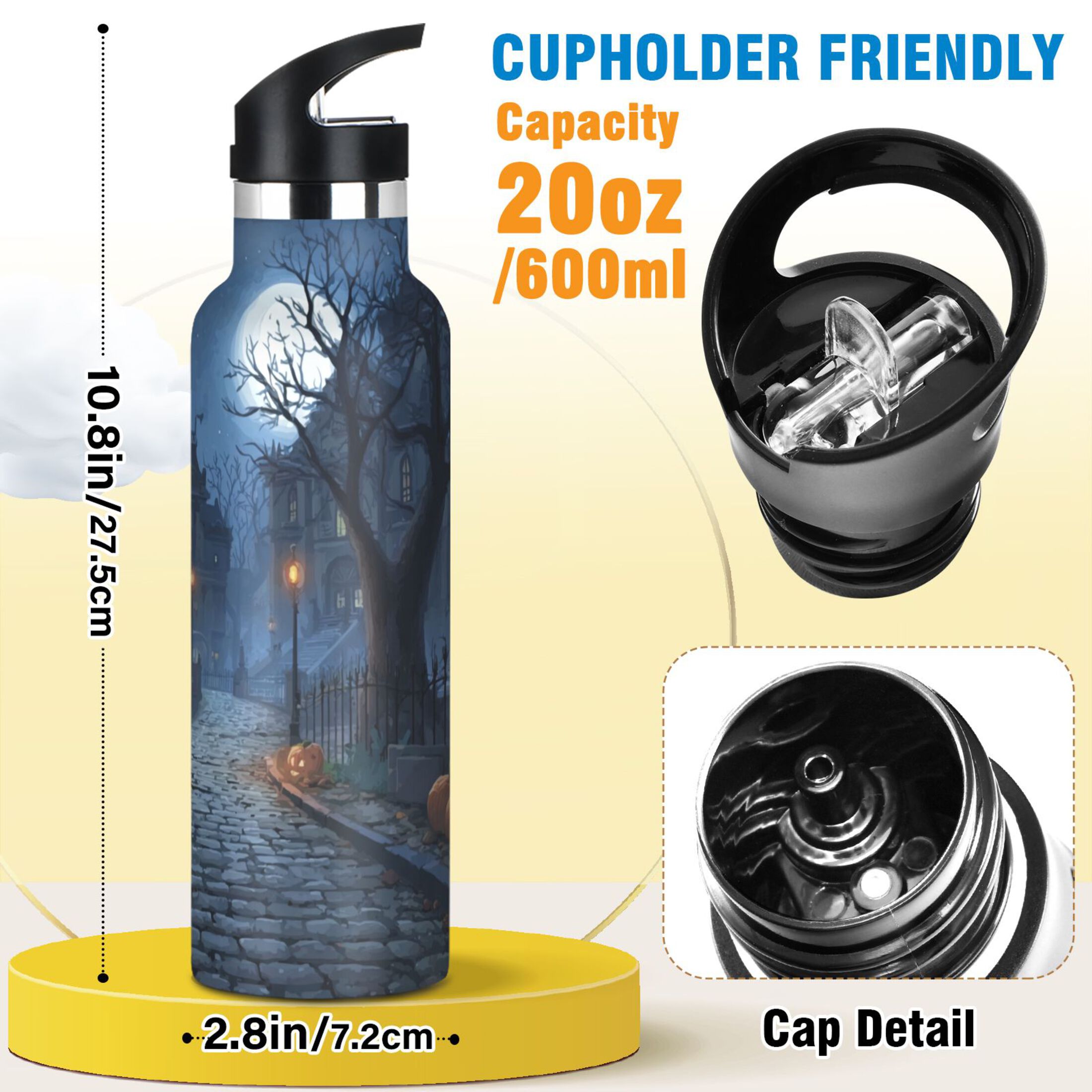 Kids Insulated Stainless Steel Sports Water Bottle 600ml (20oz) Ancient Haunted House in The Moonlight
