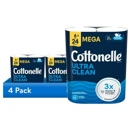 (4 pack) Cottonelle Ultra Clean Toilet Paper, Strong Toilet Tissue, 6 Mega Rolls