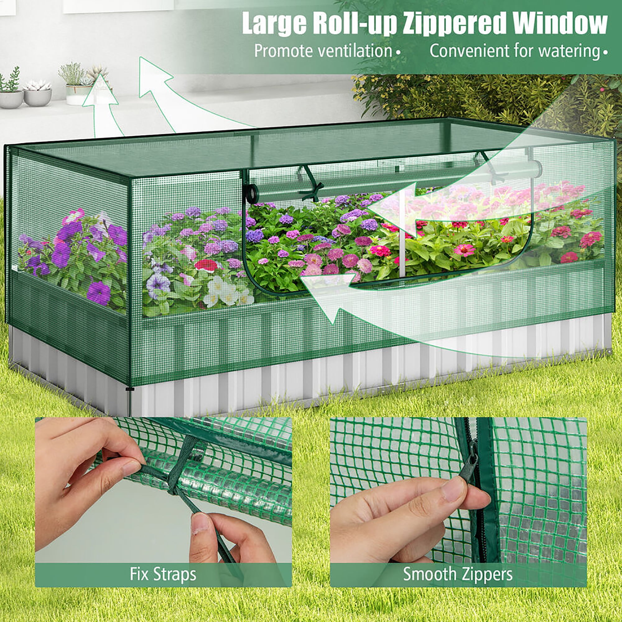 Gymax 69'' x 36'' x 28'' Galvanized Raised Garden Bed w/ Cover Roll-up Window Greenhouse