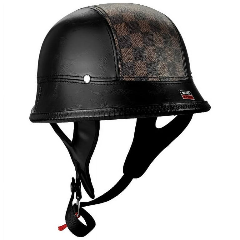 RS Helmets RS-8679-Leather-Large Half Motorcycle Helmet German Style  Leather with Checker Stripe, Black - Large 