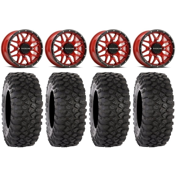 Raceline Krank 14" Red Wheels 32" XC450 Tires Sportsman RZR Ranger