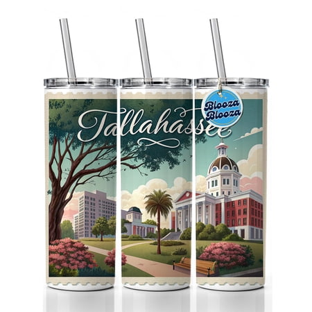 Tallahassee, Florida FL Travel City State Stamp 20oz Insulated Water Bottle Skinny Tumbler Includes Straw