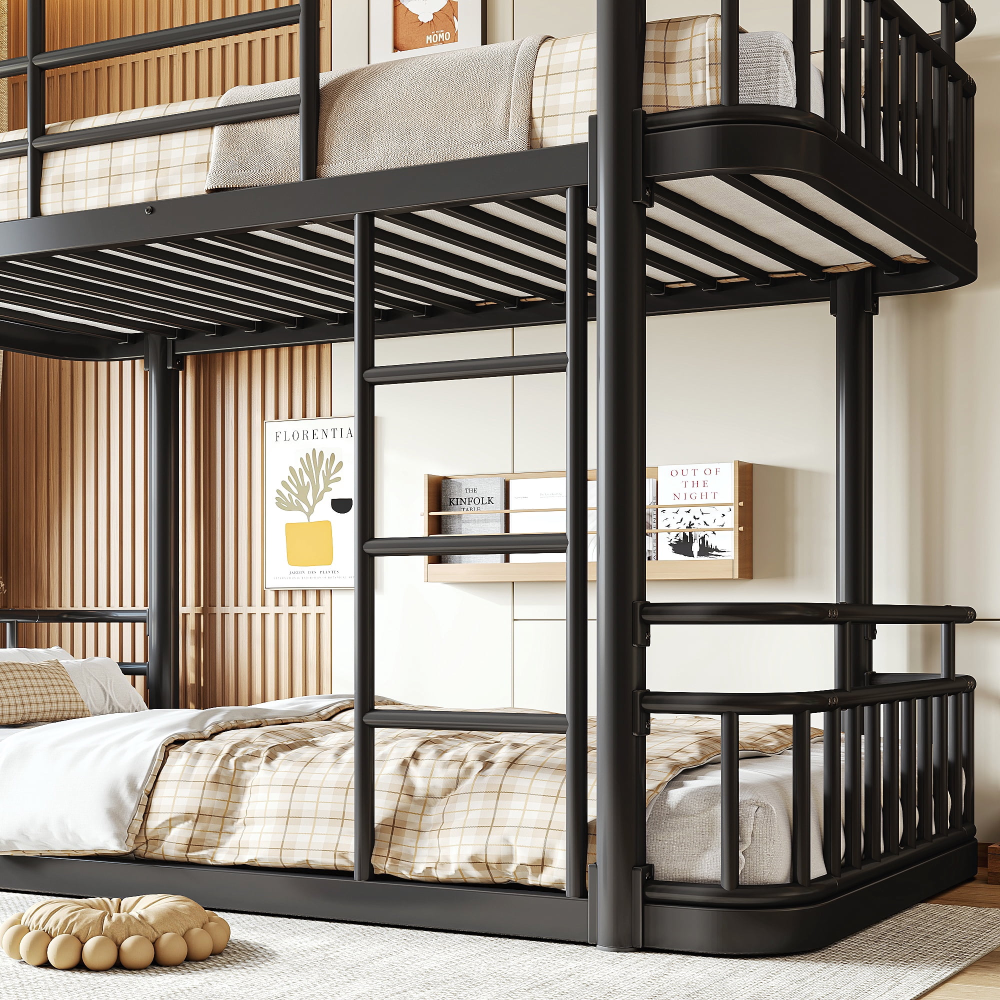 Leumius Twin over Twin Bunk Bed Frame with Ladders & Guardrails, Upgraded Round-Pipe Metal Frame, Stylish & Versatile for Any Room,Black
