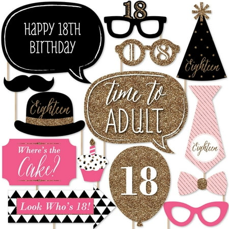 18th Birthday Photo - Chic 18th Birthday - Pink, Black and Gold - Birthday Party Photo Booth Props Kit - 20 Count