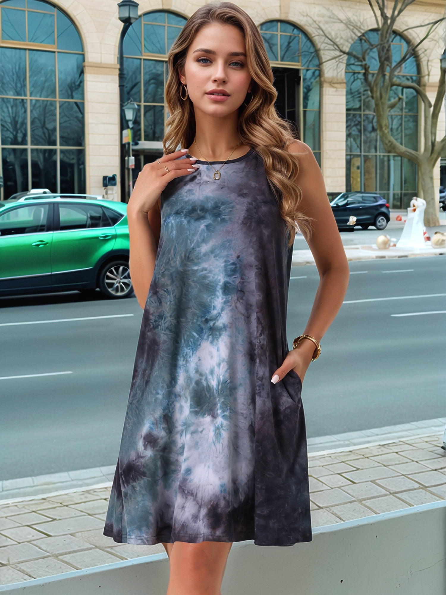 DARING DIVA Tie Dye Tank Dress Sleeveless Pockets Dress S Green Purple