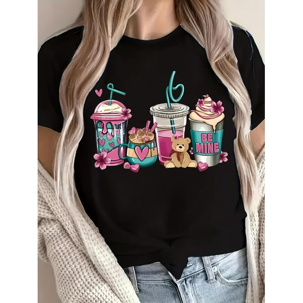 Women'S Fashion T-shirt, Women'S Casual Round Neck T-shirt, "Cartoon Print Milk Tea Drinks Bear" Print, Fashionable And Casual Spring And Summer Sports Short-sleeved Tops
