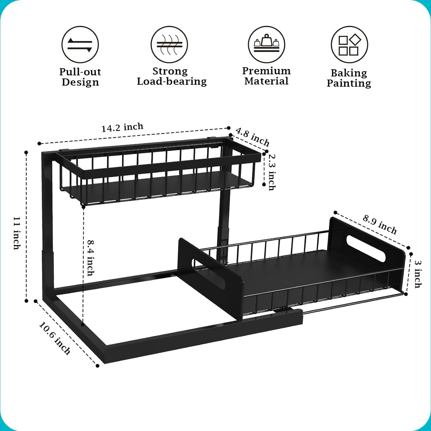 Under Sink Organizer, Pull Out Cabinet Organizer Slide Out Sink Shelf Cabinet Storage Shelves, Storages for Kitchen Bathroom, Black, 2 Pack