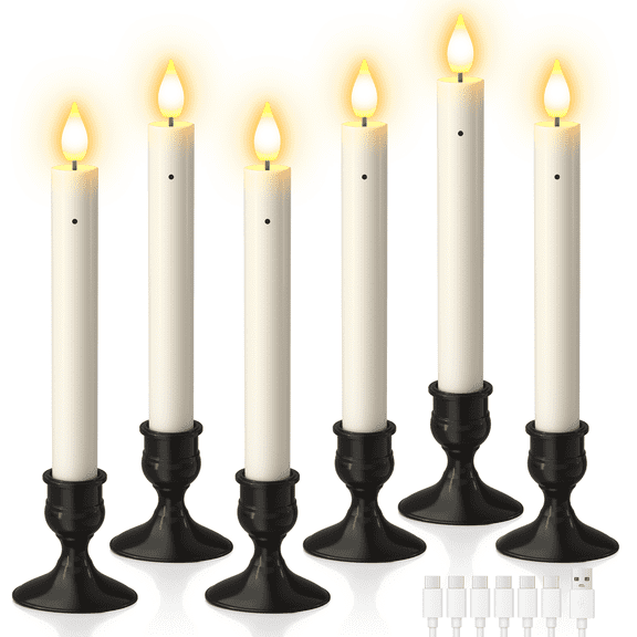 PChero 6Pcs Sensor Dawn to Dusk Window Candles, Rechargeable Candlesticks with Holders, Flickering Flameless Battery Operated LED Taper Candles for Window Halloween Christmas Wedding Home Decor