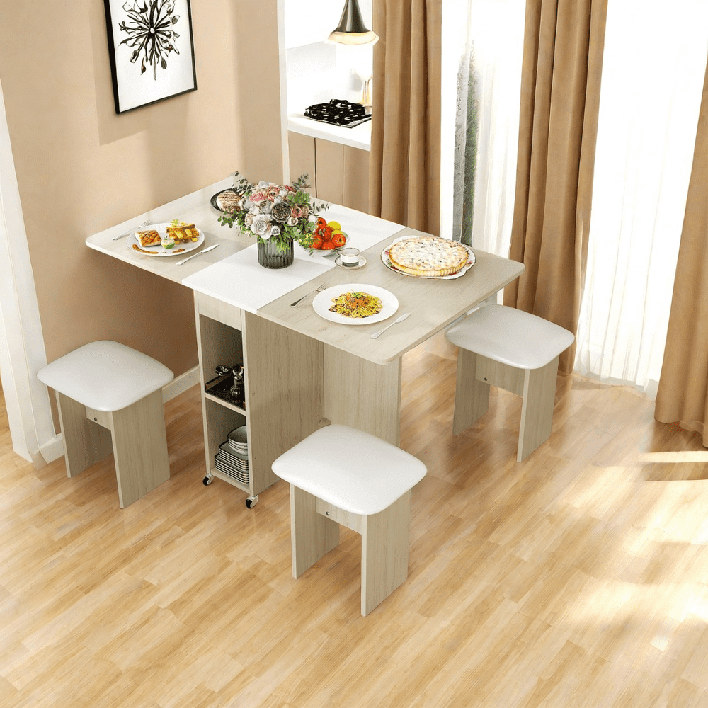 Uforic 5 Pieces Folding Dining Table Set with 4 Chairs, 55'' Drop Leaf Table Set with Storage Racks & Wheels,Multifunction Table Extension Dinner Table Set for 4 Peoples for Small Space, Brown - Uforic 5 Pieces Folding Dining Table Set with 4 Chairs, 55'' Drop Leaf Table Set with Storage Racks & Wheels,Multifunction Table Extension Dinner Table Set for 4 Peoples for Small Space, Brown -