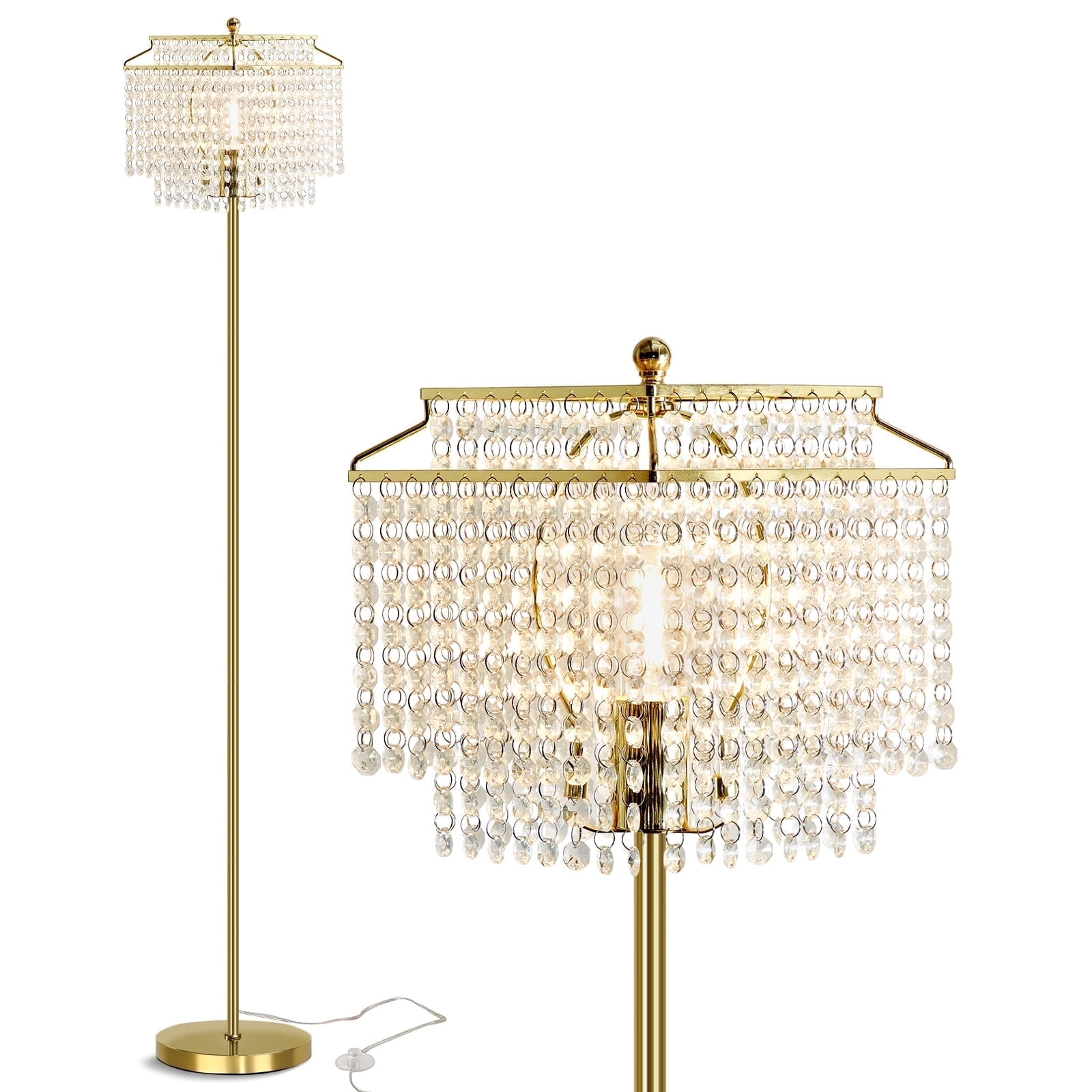 NATYSWAN Gold Crystal Floor Lamp , Modern Standing Lamps with Double-Layer Lampshade, on-off Foot Switch, for Living Room, Bedroom, Office, 8W Bulb Included