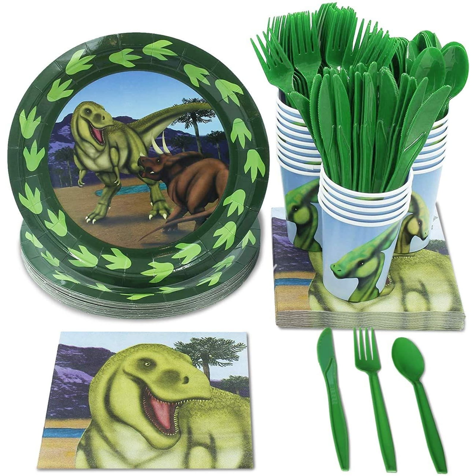 DreamJing 94 Pcs Dinosaur Party Tableware Set Dinosaur Party Supplies Including Paper Cups Plates Unicorn Napkins Tablecloth Birthday Banner Dinosaur Plates Tableware Kit Serve 10 Guests