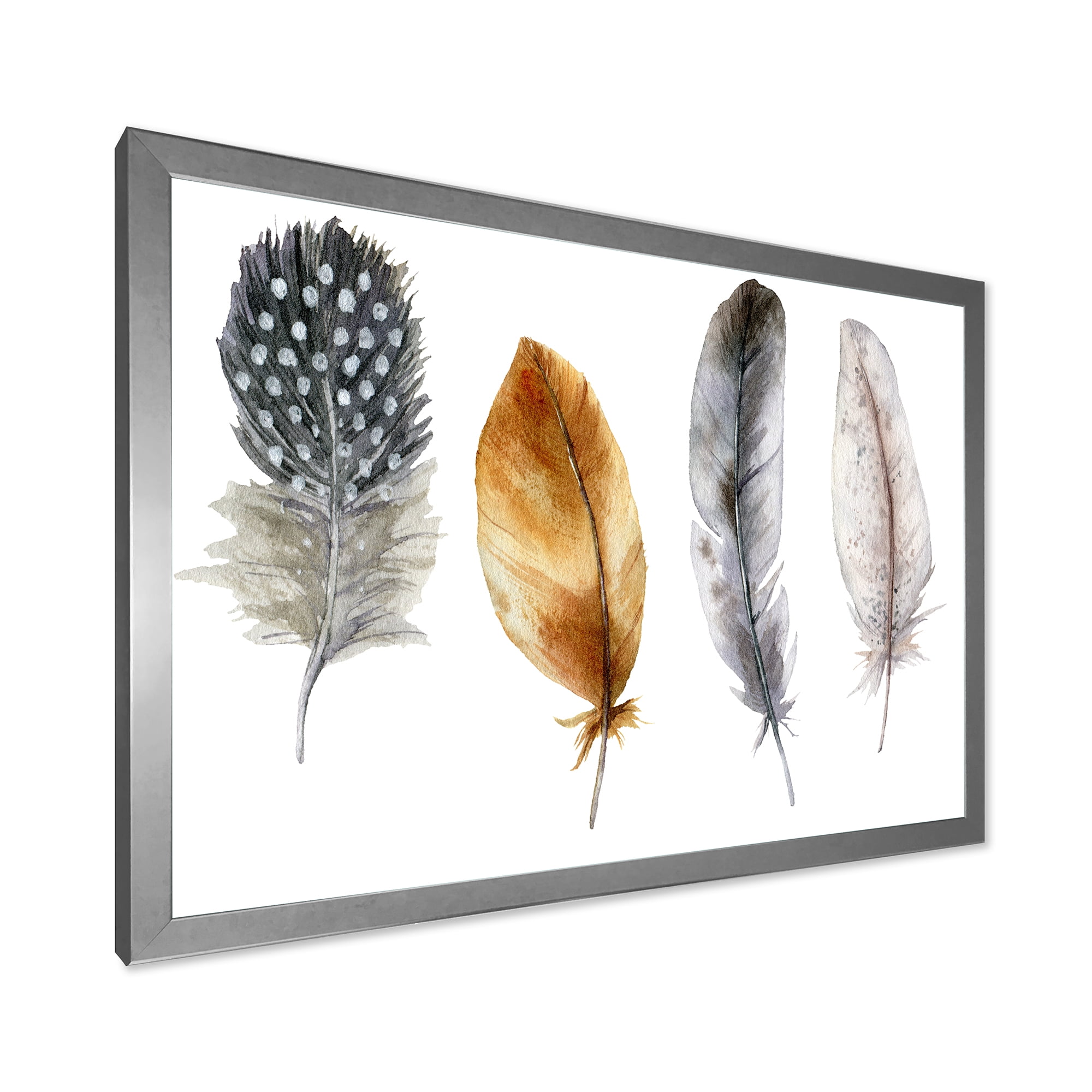 Designart 'Boho Feather In Blue and Orange Striped & Polka Dost' Bohemian & Eclectic Framed Art Print