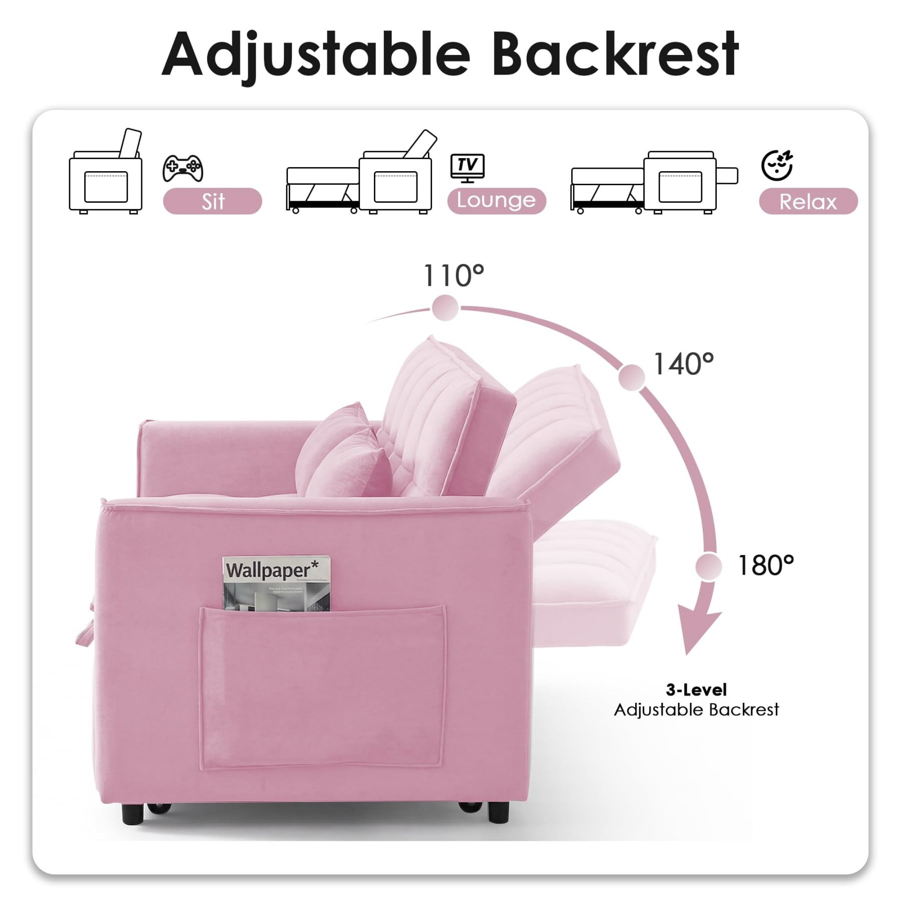 54" 3 in 1 Convertible Velvet Sofa Bed, 3 Position Foldable Sleeper Couch with Adjustable Backrest & Pillows, Pink