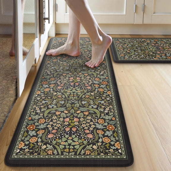 Wonnitar Floral Kitchen Rug Set of 2, Anti Fatigue Cushioned Mat for Kitchen, Non Slip Indoor Botanical Kitchen Mat for Sink, Laundry, Hallway, 17" x 29" 17" x 47" x 0.4" Black