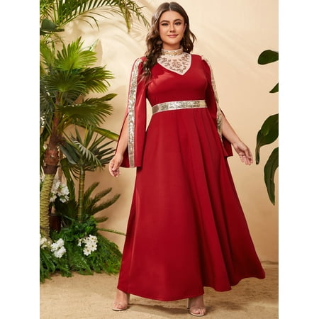 

Red Glamorous Women s Plus Size Mock Neck Colorblock Contrast Sequin Split Sleeve Dress 3XL(18) Y22003D
