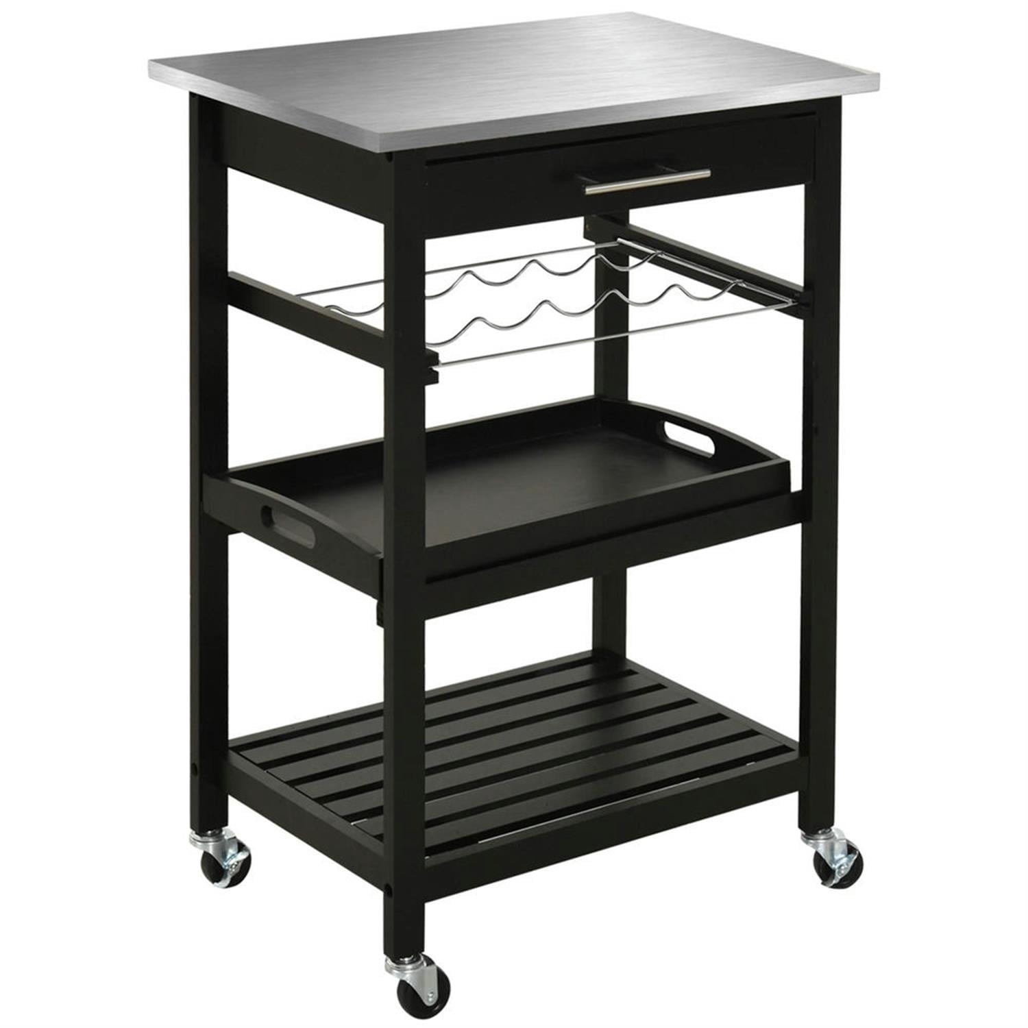 Demi Bonn 3-Tier Kitchen Island Cart on Wheels with Open Storage Shelves, Rolling Dining Room Serving Utility Carts Mobile Movable with Stainless Steel Top, Black