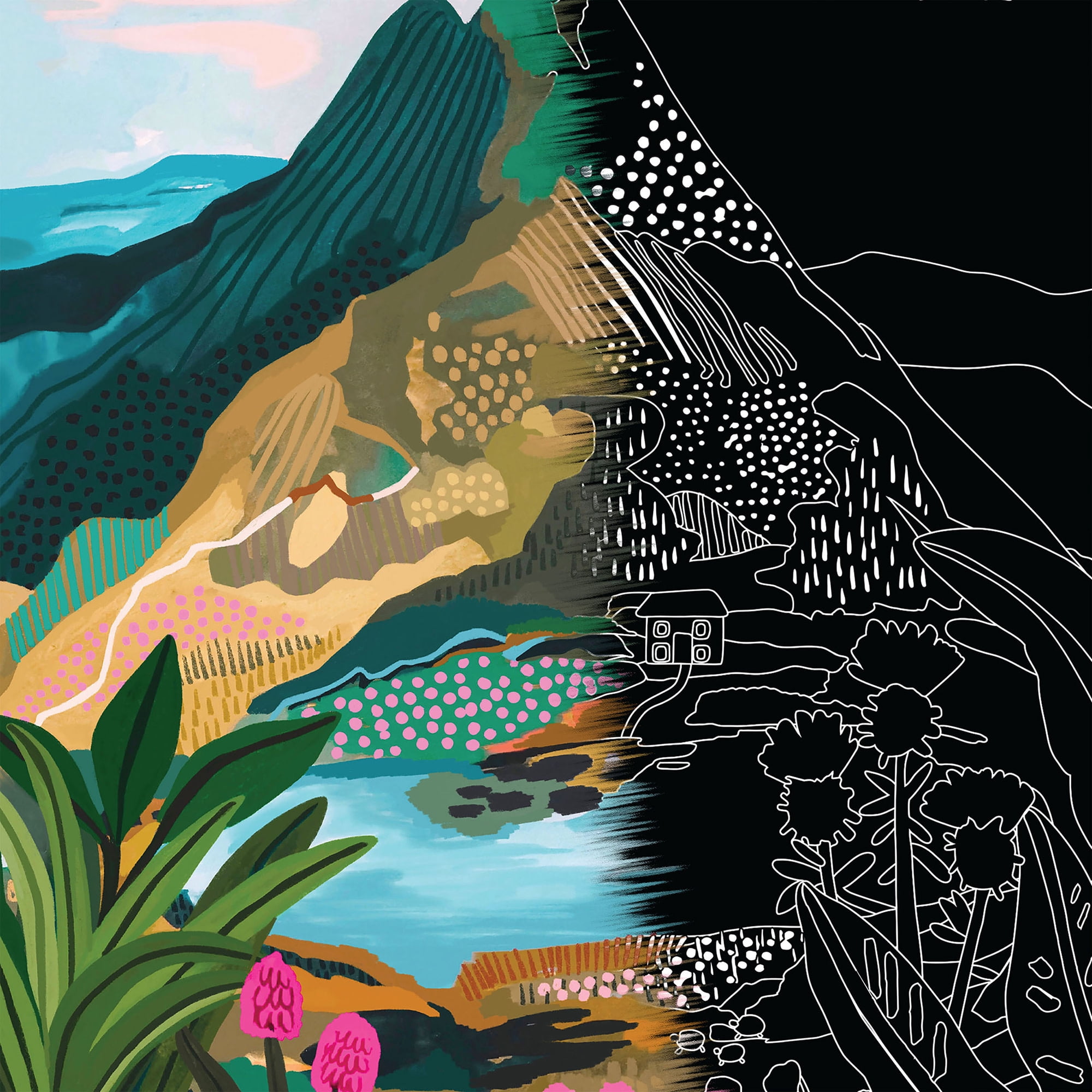 Brea Reese: Scratch Art Paper Pad - Joyful Landscapes - 12 Sheets, 6 Guided Designs, Metallic Accents, Dual-Tip Stylus, Brush, 8x8" Pages, Adult Craft