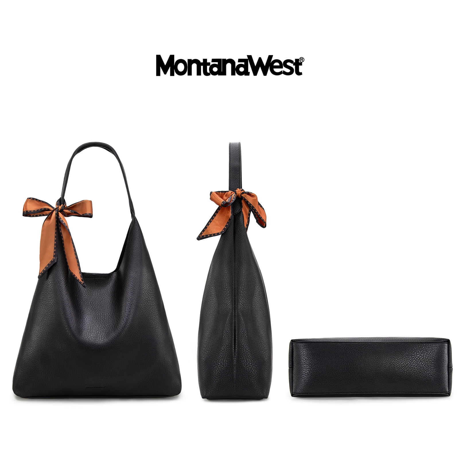 Montana West Slouchy Hobo Bag for Women Shoulder Purses and Handbags with Scarf, Black