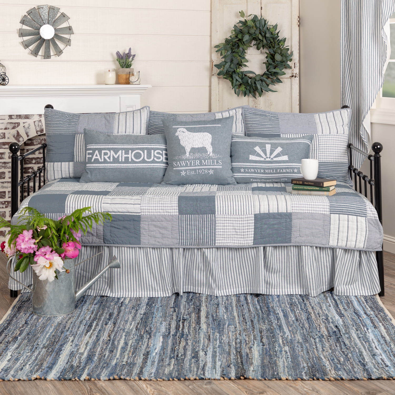 VHC Brands Sawyer Mill 5 Piece Daybed Bedding Sets 100% Cotton (1 Quilt, 1 Bed Skirt, 3 Standard Shams) Blue Patchwork