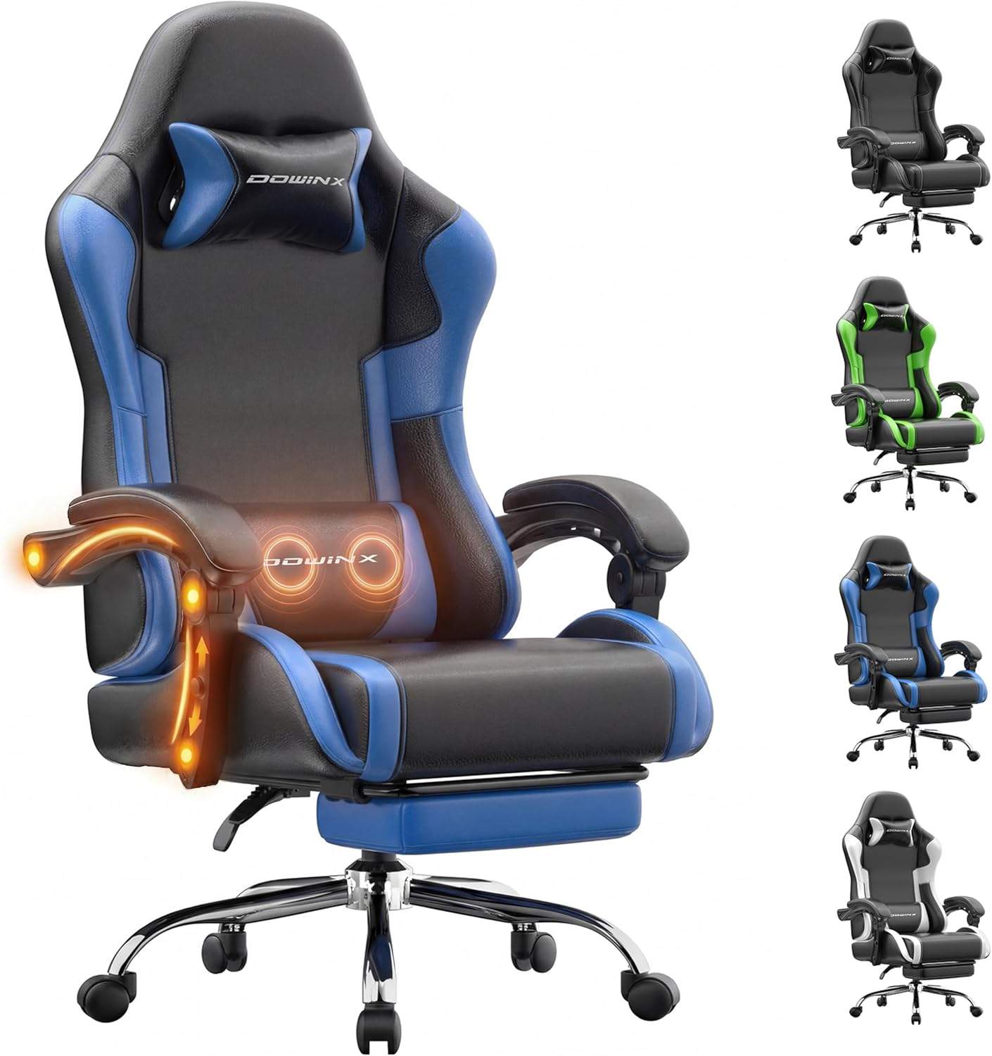 Ergonomic Gaming Chair with Massage Lumbar Support, Adjustable Height & Headrest, 150° Recline, Heavy-Duty 330 lbs Capacity, Blue