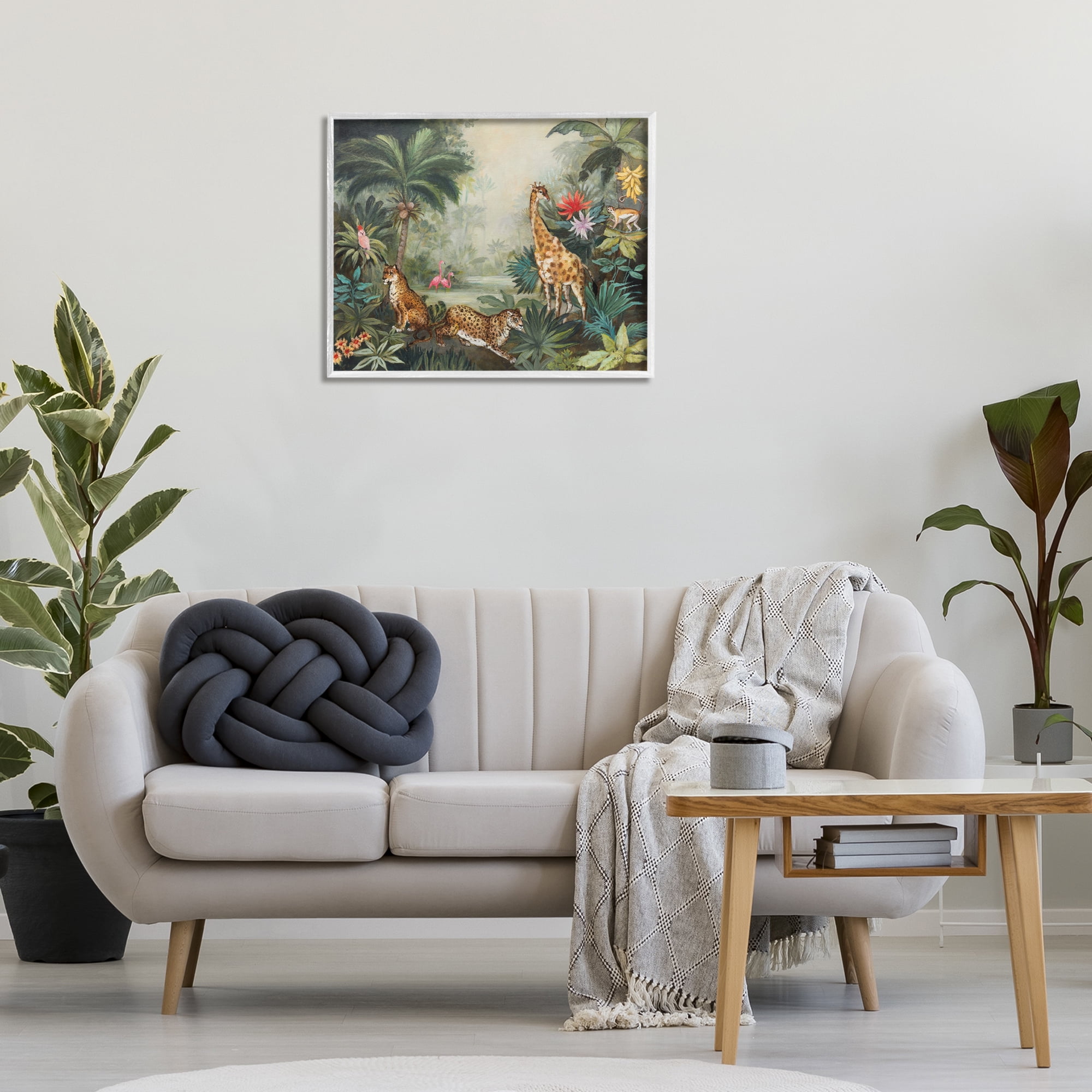 Stupell Industries Tropical Animals in Jungle Landscape Painting White Framed Art Print Wall Art, 30 x 24