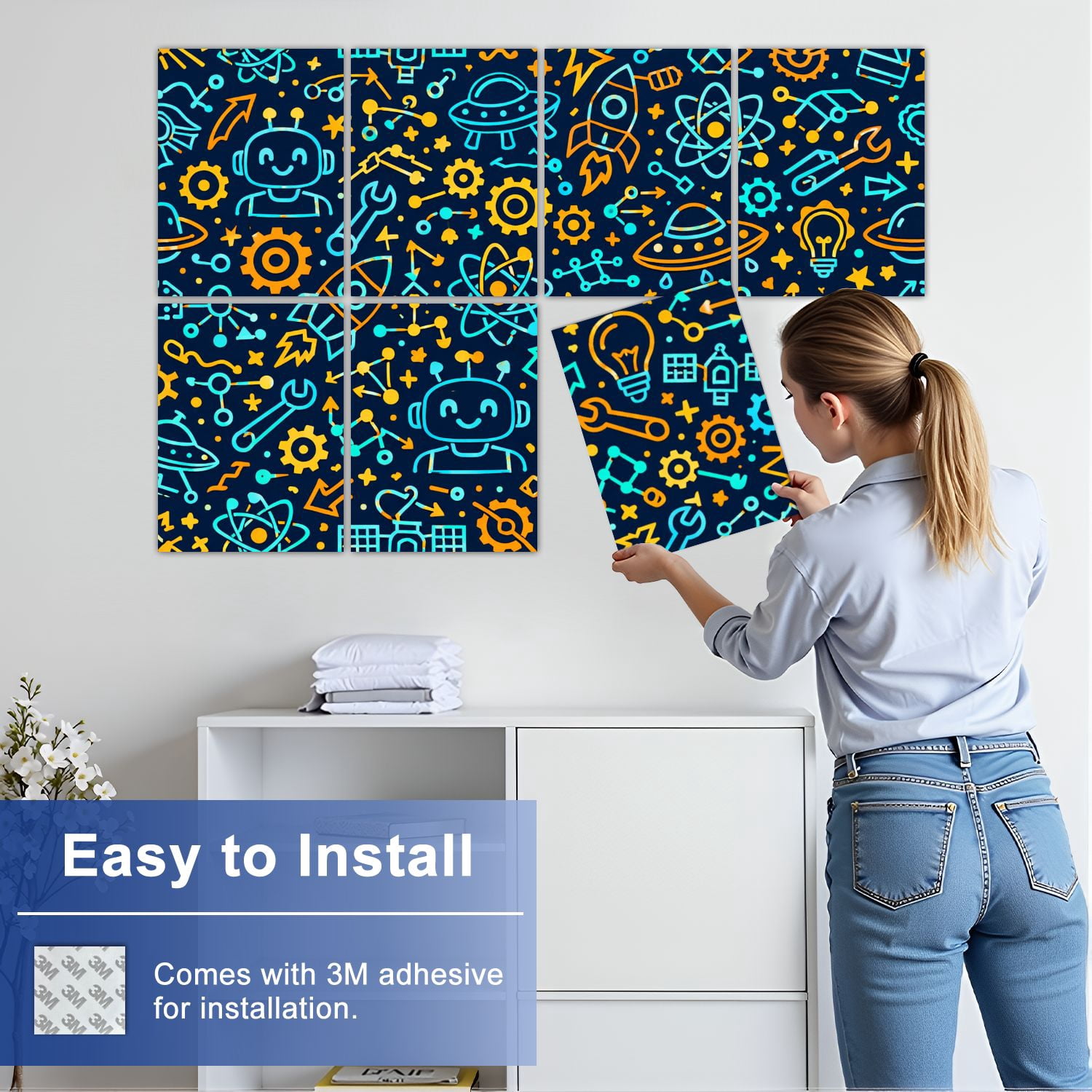 Classroom 8 Pack Art Acoustic Panels Sound Absorbing Colorful Science Technology Robots Rockets UFOs Icons Decorative Soundproof Wall Panels Self Adhesive for Nursery Kids 48"x32"