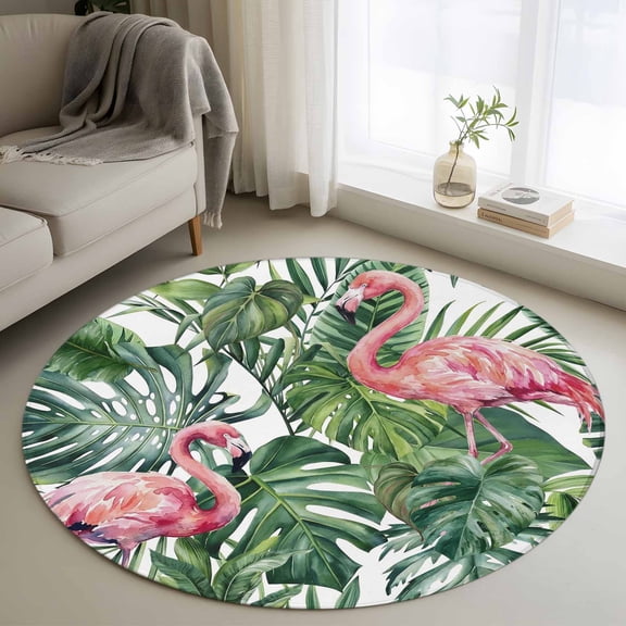 Round Area Rugs Collection 3.3 Ft, Pink Flamingo Non-Slip Residential Carpet, Summer Tropical Plants Green Leaves Indoor Crawling Mats Doormat Runner Rugs Play Mat forBedroom