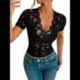 thumbnail image 2 of Blusa de para Mujer, de Corta, Cuello Redondo, Ajustada, con Encaje Floral Liso, Blusas Transparentes con Cuello en V Negro L, 2 of 7
