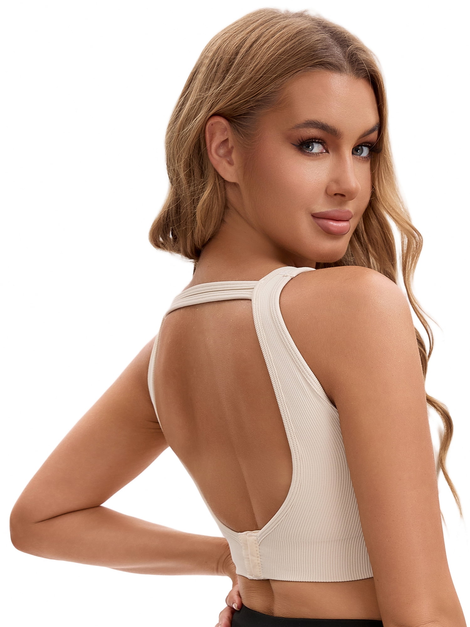 Unique Bargains Women's Contrast Color Open Back Workout Tank with Built-In Bras S White