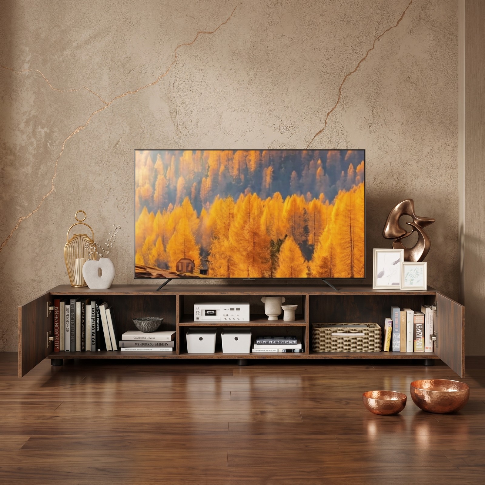 Furnibear Modern TV Stand for TVs up to 70 Inch, Minimalist Entertainment Center with 2 Doors and Open Shelves, Wood Media Console for Living Room, Rustic Brown