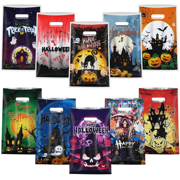 sixwipe 100 Pcs Halloween Goodie Bags with Handles, Ghost Pumpkin Happy Halloween Treat Bags, Trick or Treat Gift Bag Bulk, Plastic Halloween Tote Candy Goody Favor Bags for Kids