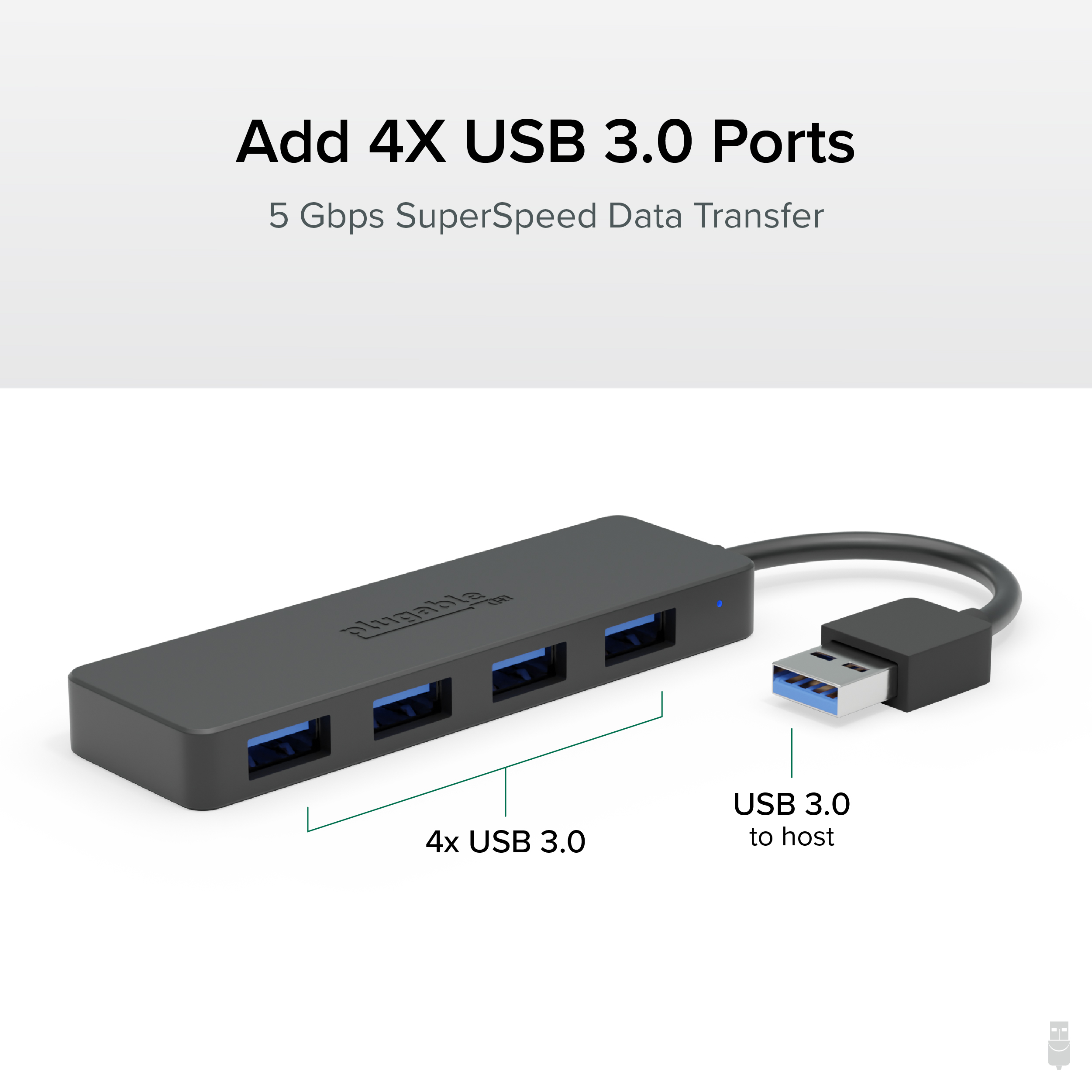 Plugable 4 Port USB Hub 3.0, USB Splitter for Laptop, Compatible with Windows, Surface Pro, PC, Chromebook, Linux, Android, Charging Not Supported - image 2 of 6