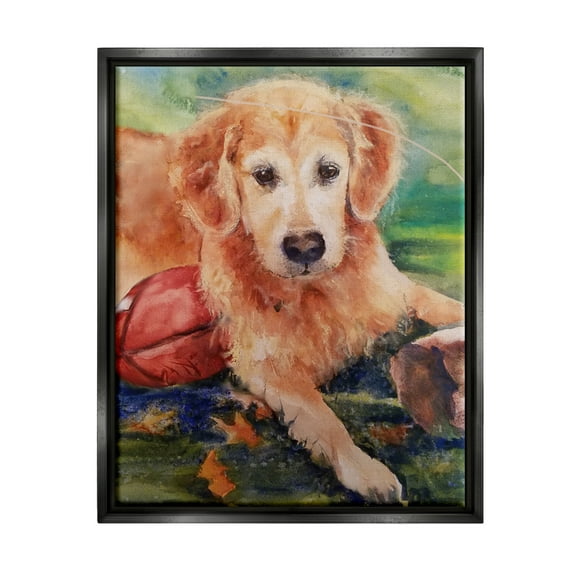 Stupell Industries Retriever Dog with Football Animals & Insects Painting Black Floater Framed Art Print Wall Art, 17 x 21