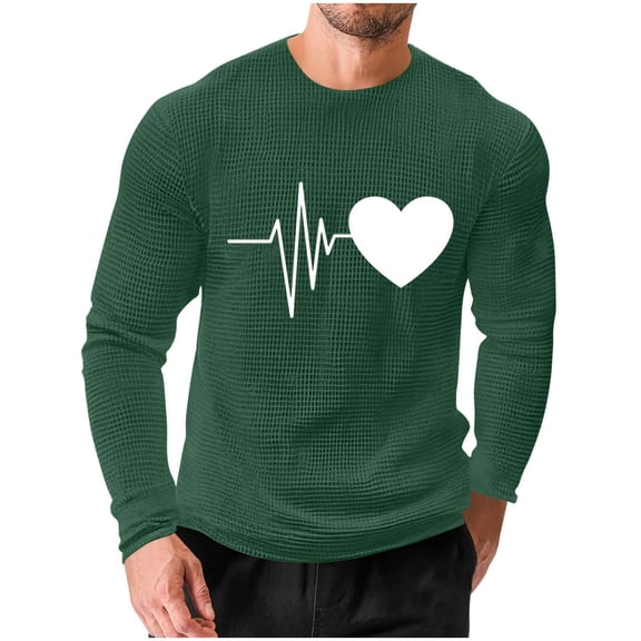 Gytharion Men's Plus Size Valentine's Day Sweatshirts Trendy Heart Print Holiday T-Shirt Lightweight Casual Long Sleeve Waffle Shirt Loose Comfy Round Neck Pullover Tops for Boyfriends
