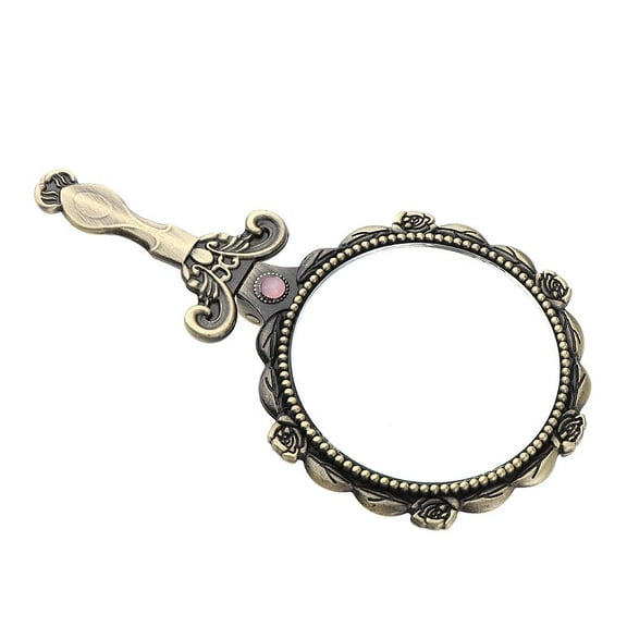 Round Hand Held Mirror with Handle Retro European Style Makeup Cosmetic Folding Bronze