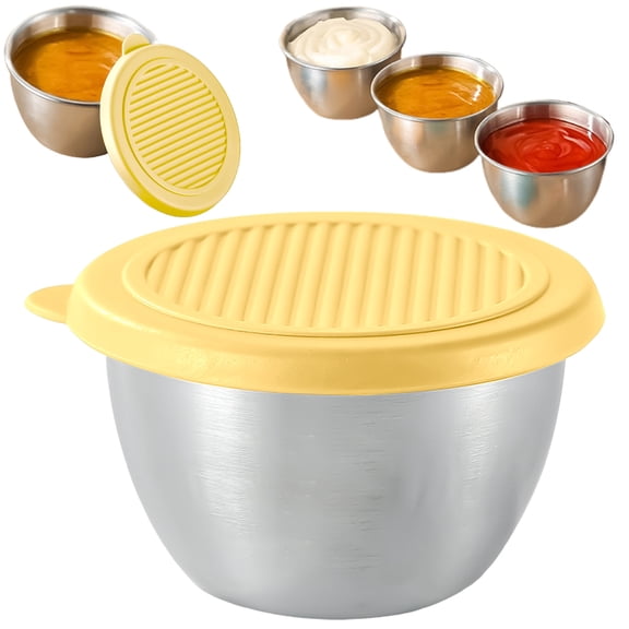 Safeglitz 2.7 oz Stainless Steel Condiment Cups with Leak-Proof Silicone Lids - Set of 4, 304 Stainless Steel & Food-Grade Silicone, for Salad Dressing Sauces Jams, Travel Meal Prep, Yellow
