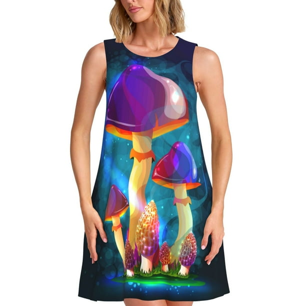 Easygdp Magic Mushrooms ,Fireflies para Vestido Transpirable de Mujer, Vestido Suelto de Manga Corta con Pliegues y Bolsillos para el Verano