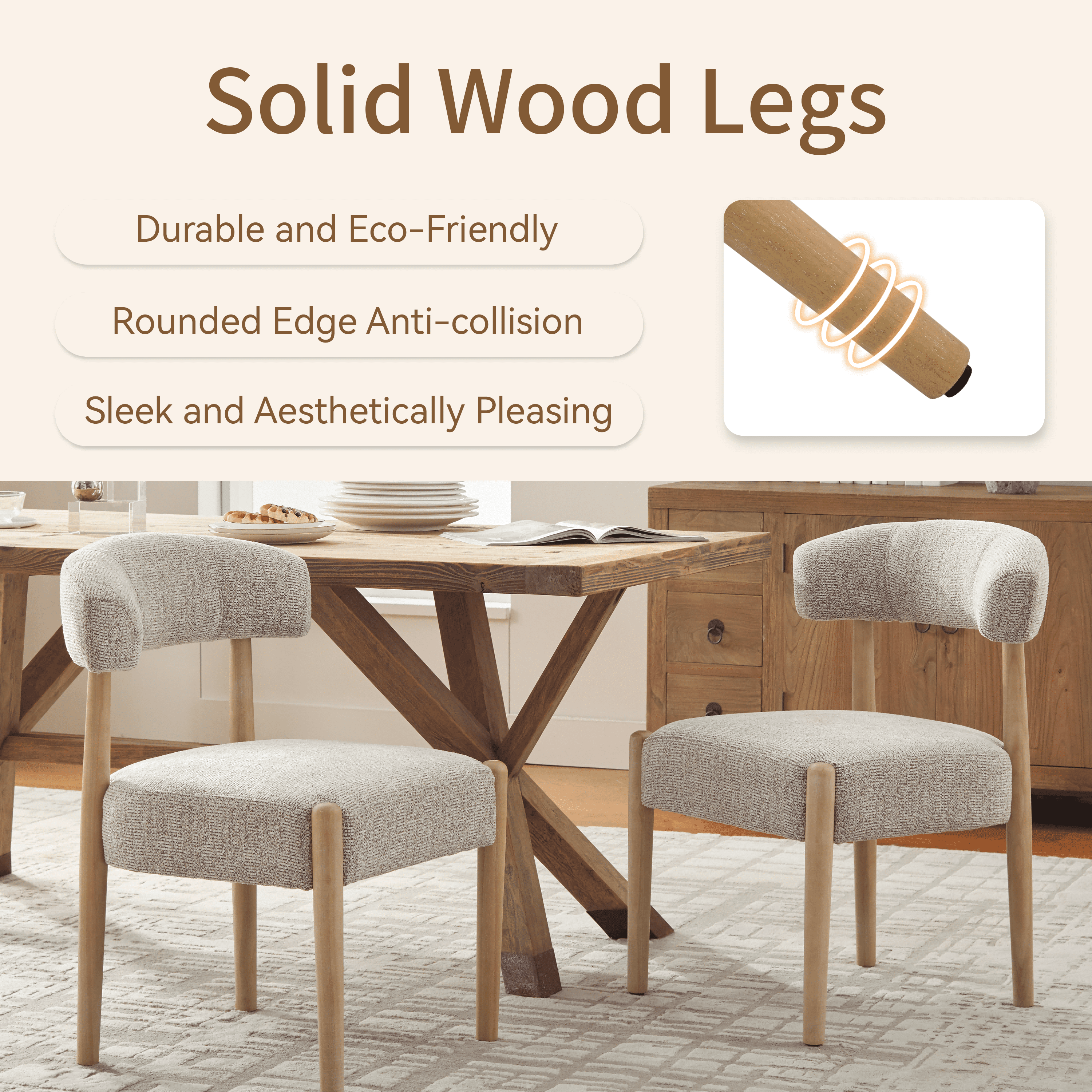Vknow Furniture Minimalist Fabric Dining Chairs Set of 2 Solid Wood Legs Ergonomic Backrest for Dining Room Bedroom Study, Brown