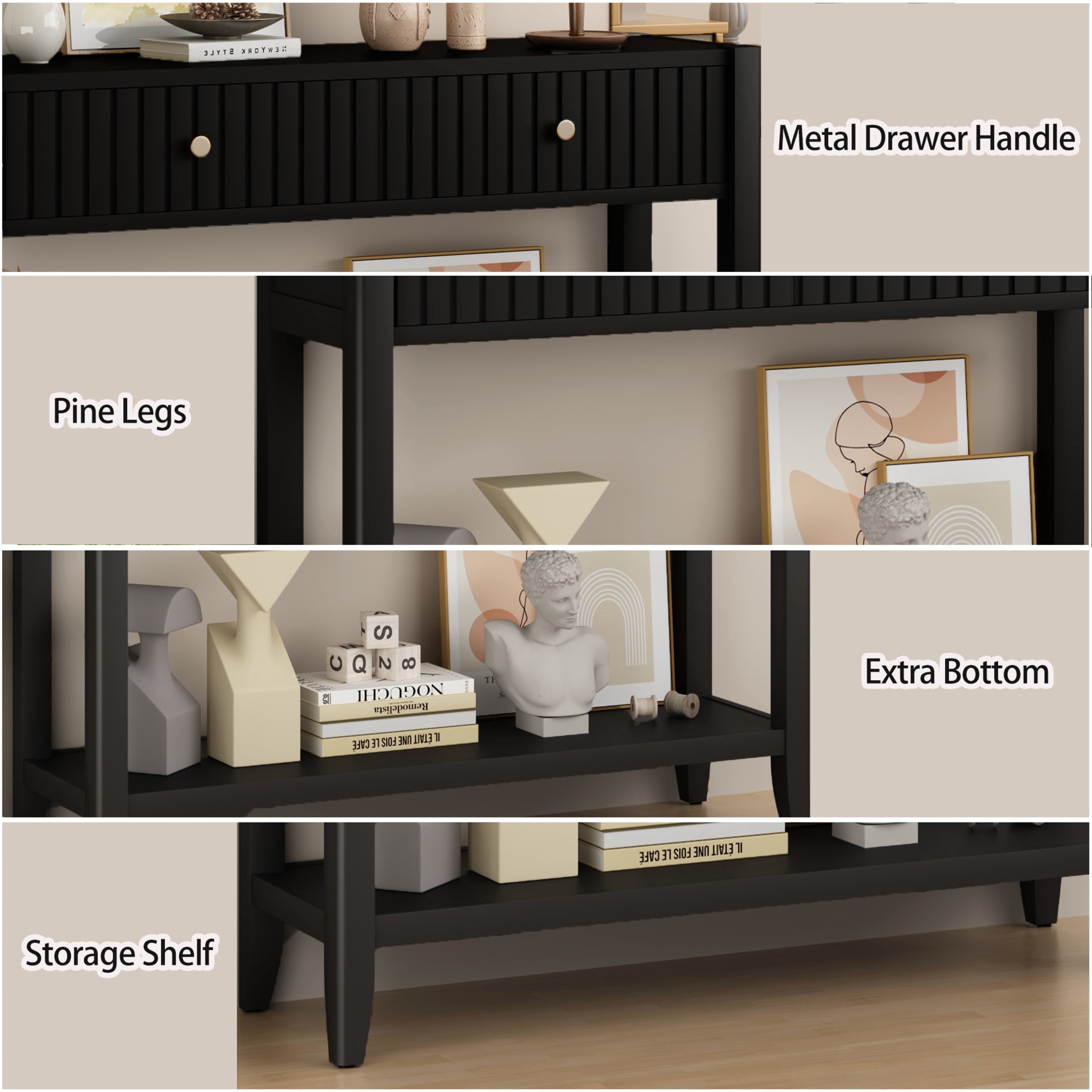 Noble House Narrow Wooden Console Table, Entryway Accent Sofa Table with Hidden Drawers and Storage Shelf, Black