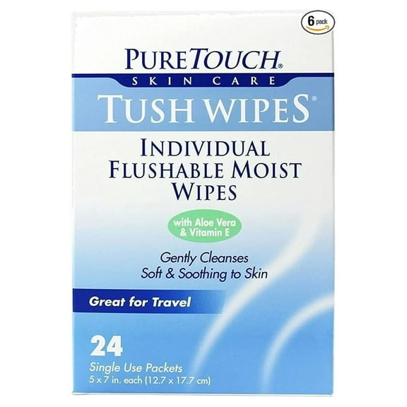 Pure Touch Tush Wipes for Adults 24 Individual Flushable Moist Wipes / 6 boxes 144 Single-Use-Packets