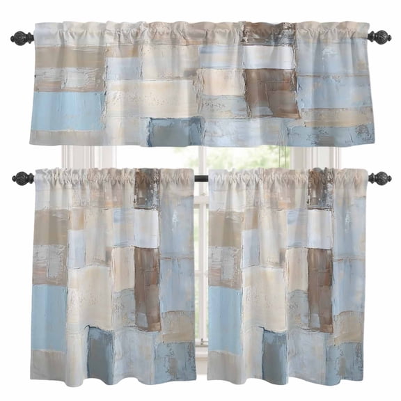 Blue Brown Abstract Kitchen Curtains Sets for Windows 24 Inch Length, Oil Painting Simple Geometric Art Rod Pocket Window Treatments Tier Curtains and Valances Set for Bedroom/Bathroom