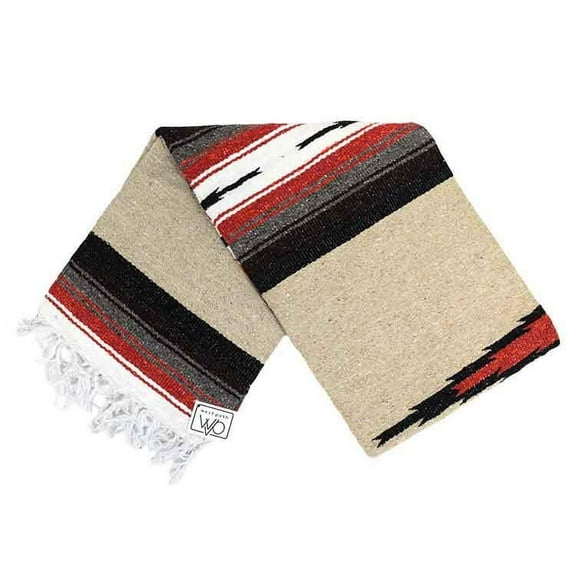 Mexican Blanket - Tan, Beige, Rust, with Diamonds & Stripes - Yoga Blanket