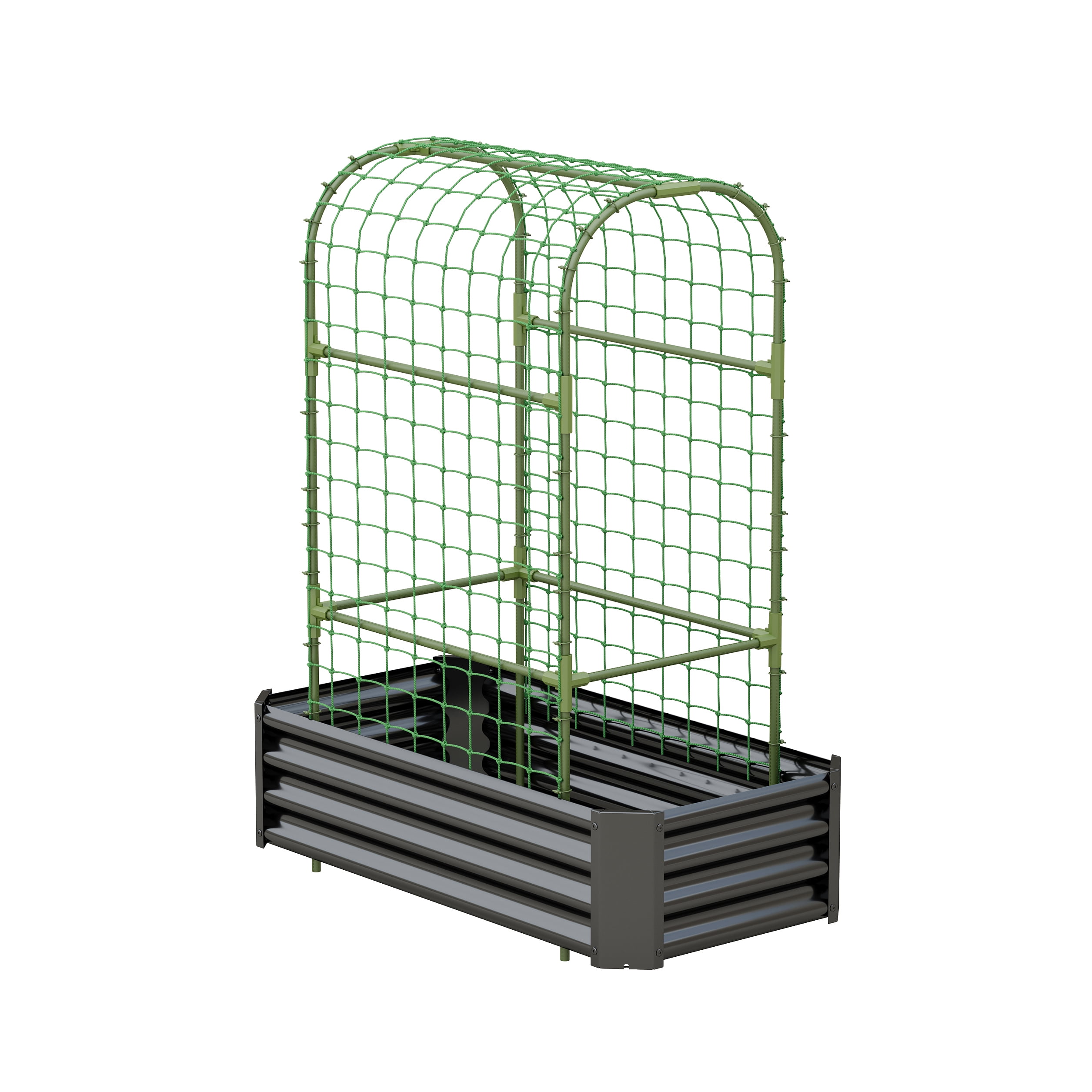 2-in-1 Galvanized Metal Raised Garden Bed with 59" Arch Trellis, 4×2×1 FT Outdoor Planter Box with Climbing Net for Vegetables Fruits Flowers