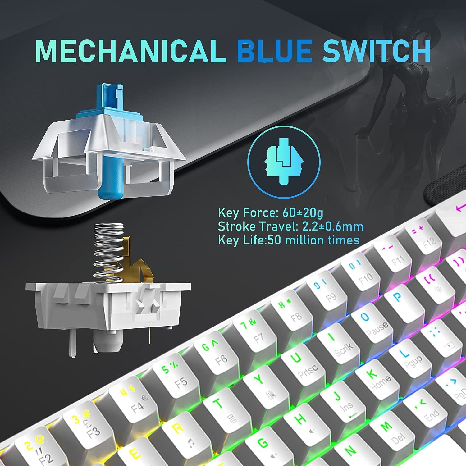 ZIYOULANG T60 Wired Gaming Keyboard 60% Mechanical Keyboard Mini Portable 61 Keys Multi Color RGB Illuminated LED Backlit Waterproof for PC/Mac PS4 Xbox Gamer, Typist, Travel- White/Blue Switch